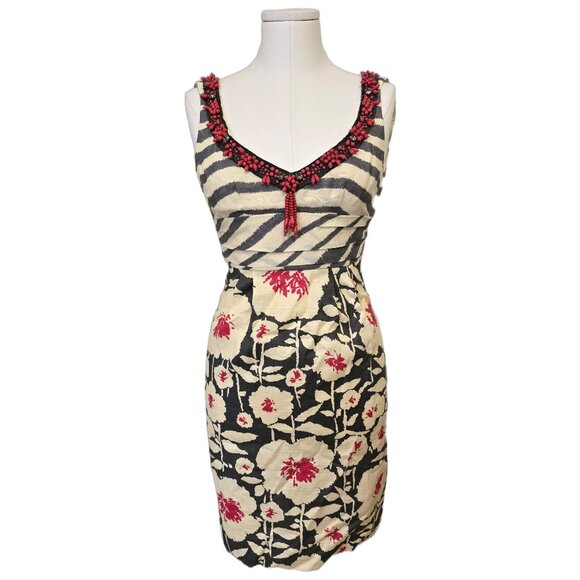 Nanette Lepore Linen & Silk Shift Dress Beaded Floral Brunch Sleeveless Party 0 - Picture 1 of 13